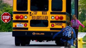 School bus stopped for children getting on the bus